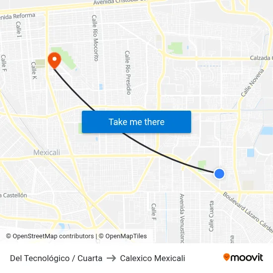 Del Tecnológico / Cuarta to Calexico Mexicali map