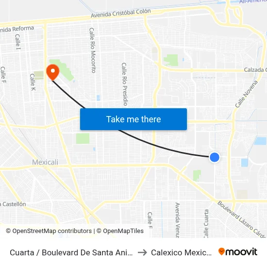 Cuarta / Boulevard De Santa Anita to Calexico Mexicali map