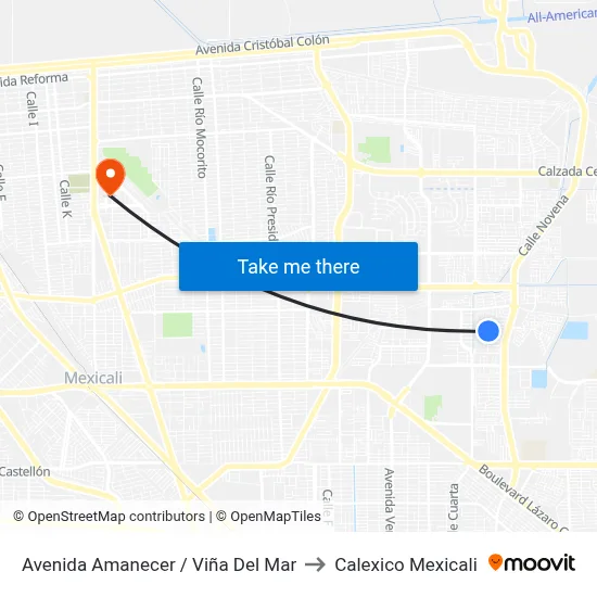 Avenida Amanecer / Viña Del Mar to Calexico Mexicali map