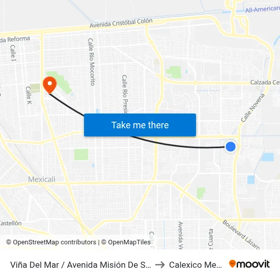 Viña Del Mar / Avenida Misión De San Diego to Calexico Mexicali map