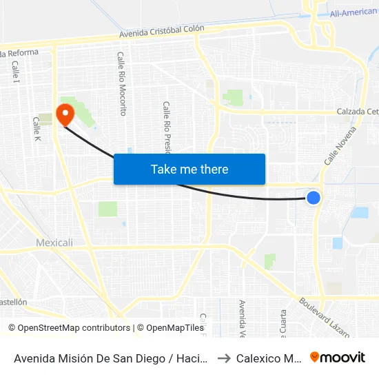 Avenida Misión De San Diego / Hacienda San Juan to Calexico Mexicali map