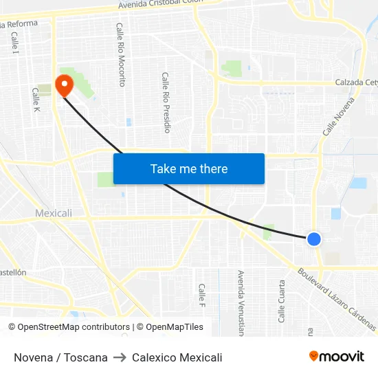 Novena / Toscana to Calexico Mexicali map