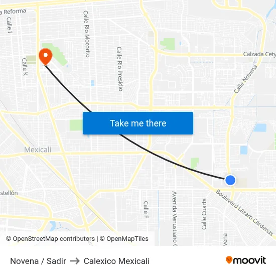Novena / Sadir to Calexico Mexicali map