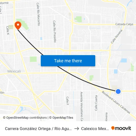 Carrera González Ortega / Río Agua Verde to Calexico Mexicali map