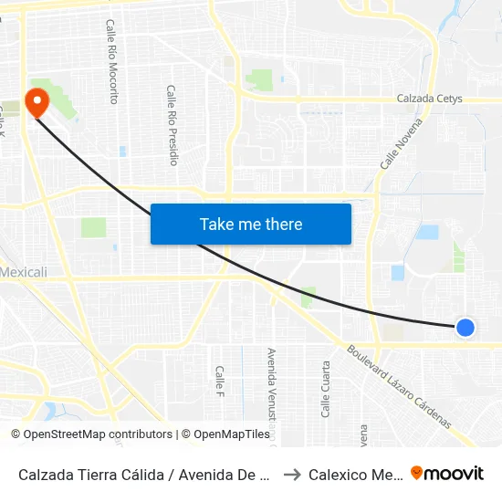 Calzada Tierra Cálida / Avenida De Los Galeana to Calexico Mexicali map
