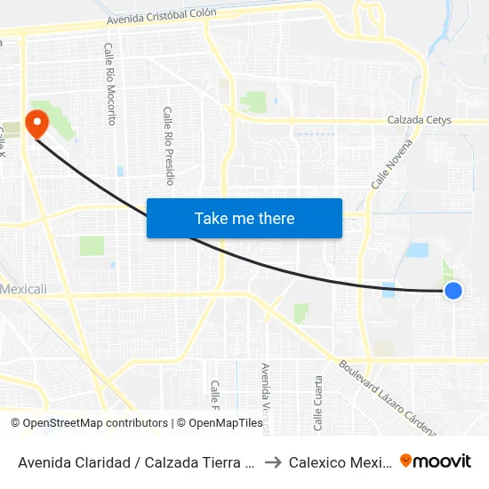 Avenida Claridad / Calzada Tierra Cálida to Calexico Mexicali map