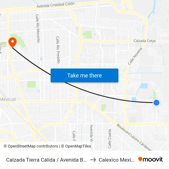 Calzada Tierra Cálida / Avenida Bruma to Calexico Mexicali map