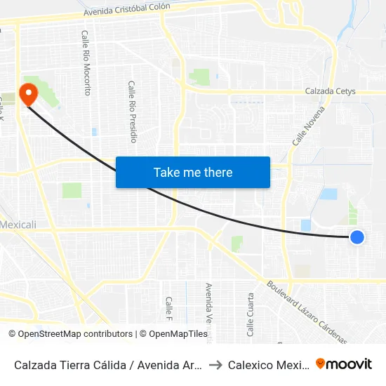 Calzada Tierra Cálida / Avenida Arco Iris to Calexico Mexicali map