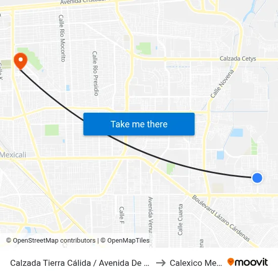 Calzada Tierra Cálida / Avenida De Las Lomas to Calexico Mexicali map