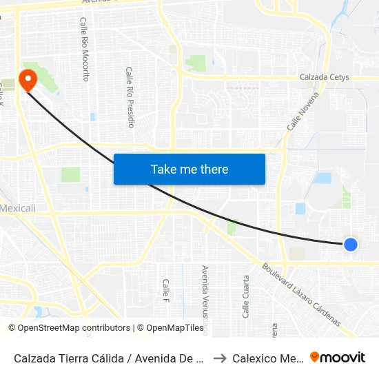 Calzada Tierra Cálida / Avenida De Los Madero to Calexico Mexicali map
