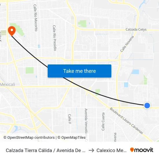Calzada Tierra Cálida / Avenida De Los Bravo to Calexico Mexicali map