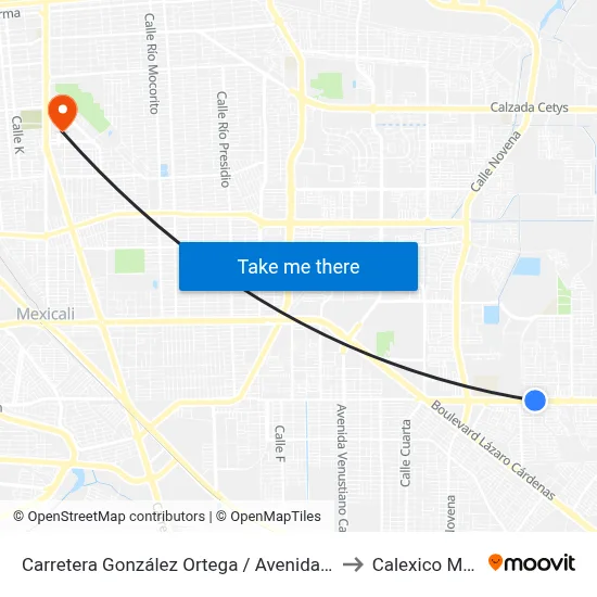 Carretera González Ortega / Avenida Plaza España to Calexico Mexicali map