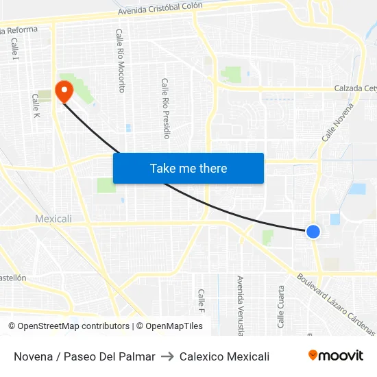 Novena / Paseo Del Palmar to Calexico Mexicali map
