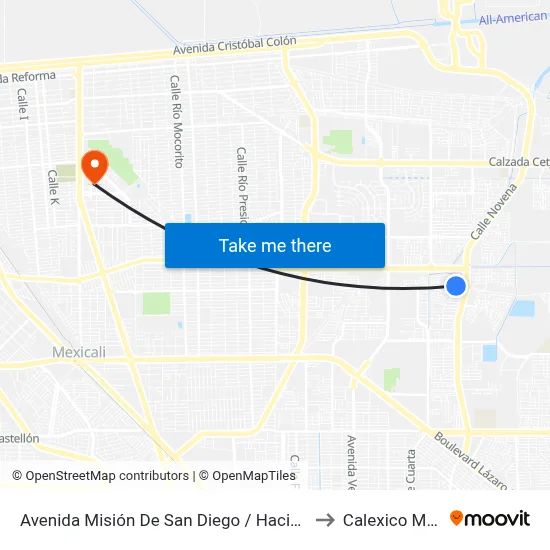 Avenida Misión De San Diego / Hacienda San Juan to Calexico Mexicali map