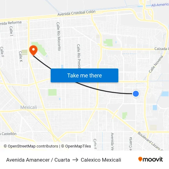 Avenida Amanecer / Cuarta to Calexico Mexicali map