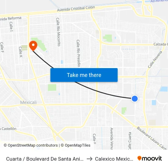 Cuarta / Boulevard De Santa Anita to Calexico Mexicali map