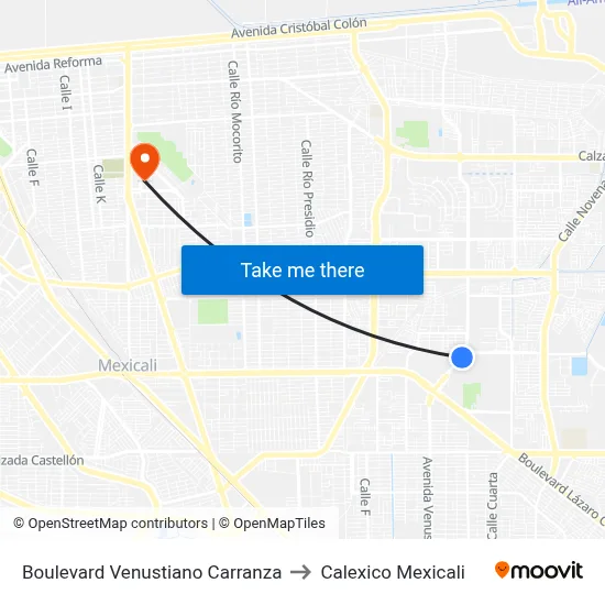 Boulevard Venustiano Carranza to Calexico Mexicali map