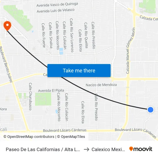 Paseo De Las Californias / Alta Loma to Calexico Mexicali map