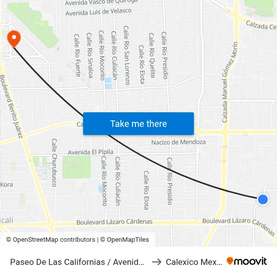 Paseo De Las Californias / Avenida Malibú to Calexico Mexicali map