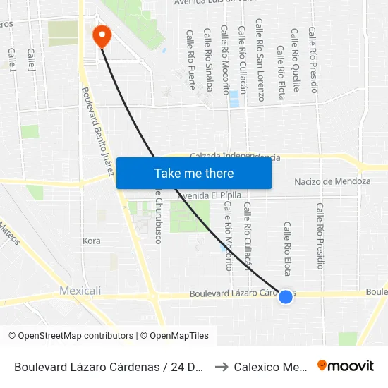 Boulevard Lázaro Cárdenas / 24 De Octubre to Calexico Mexicali map