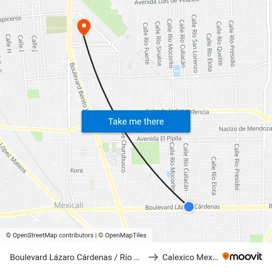 Boulevard Lázaro Cárdenas / Río Culiacán to Calexico Mexicali map