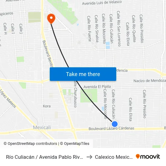 Río Culiacán / Avenida Pablo Rivera to Calexico Mexicali map