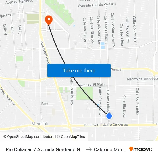 Río Culiacán / Avenida Gordiano Guzmán to Calexico Mexicali map