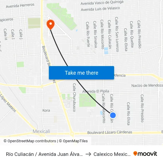 Río Culiacán / Avenida Juan Álvarez to Calexico Mexicali map
