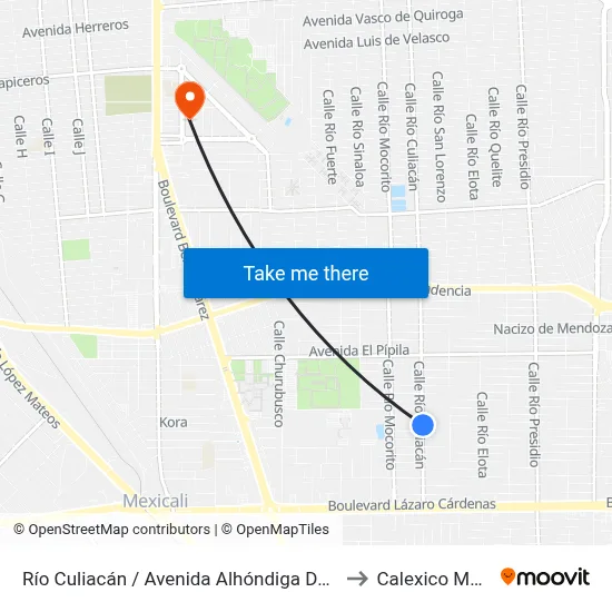 Río Culiacán / Avenida Alhóndiga De Granaditas to Calexico Mexicali map
