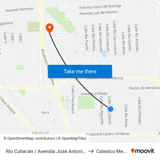 Río Culiacán / Avenida José Antonio Torres to Calexico Mexicali map