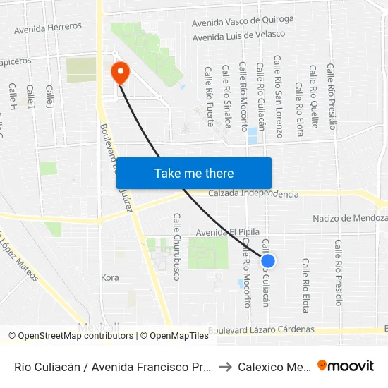 Río Culiacán / Avenida Francisco Primo Verdad to Calexico Mexicali map