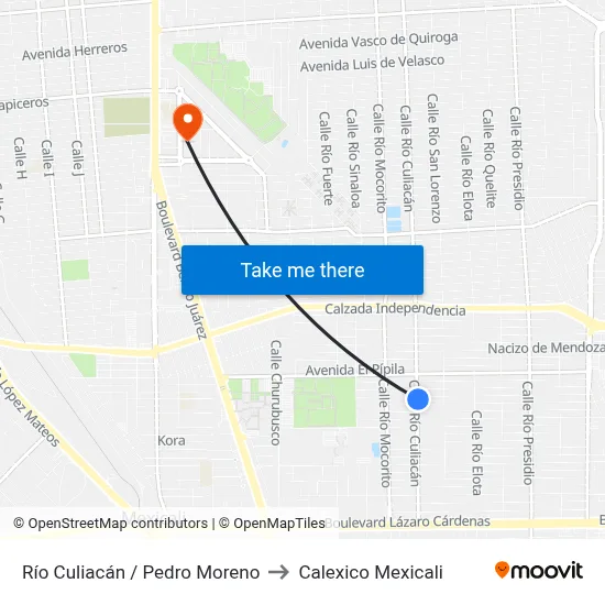 Río Culiacán / Pedro Moreno to Calexico Mexicali map