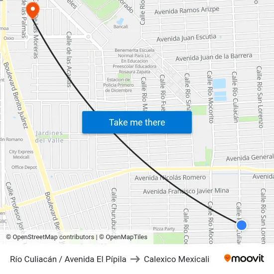 Río Culiacán / Avenida El Pípila to Calexico Mexicali map
