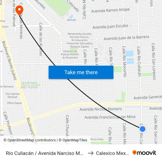 Río Culiacán / Avenida Narciso Mendoza to Calexico Mexicali map