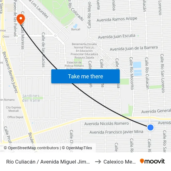 Río Culiacán / Avenida Miguel Jiménez Solís to Calexico Mexicali map