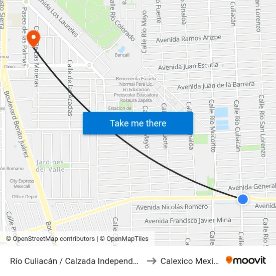 Río Culiacán / Calzada Independencia to Calexico Mexicali map