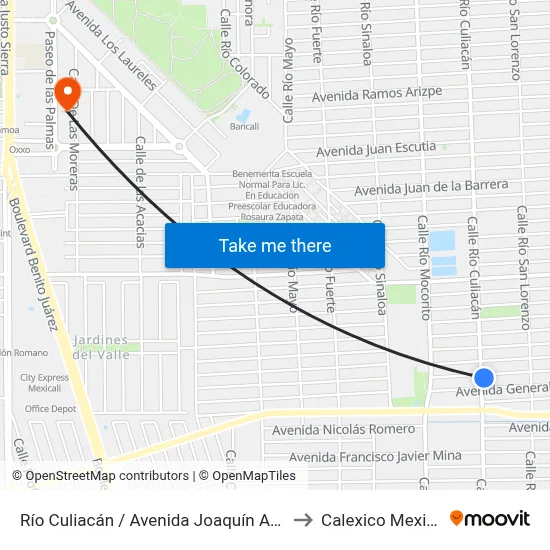 Río Culiacán / Avenida Joaquín Amaro to Calexico Mexicali map