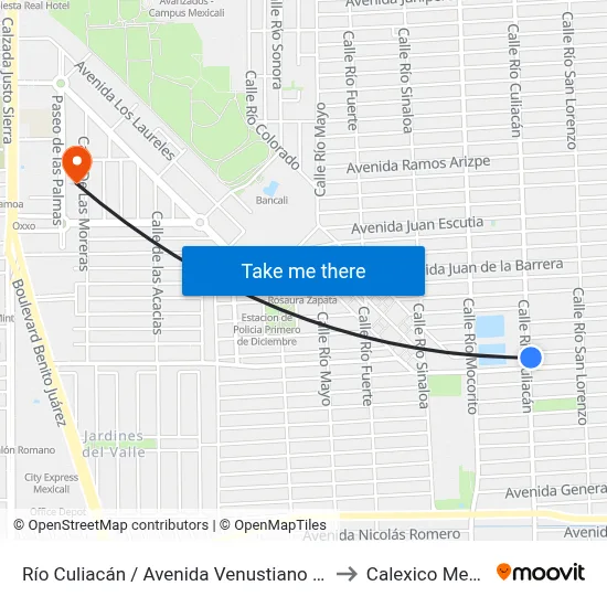 Río Culiacán / Avenida Venustiano Carranza to Calexico Mexicali map