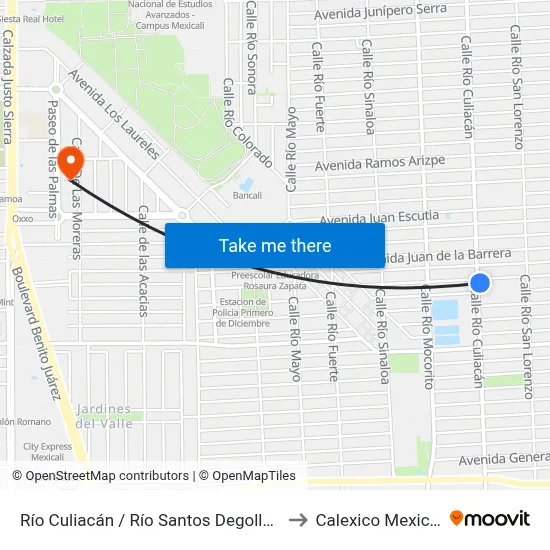 Río Culiacán / Río Santos Degollado to Calexico Mexicali map