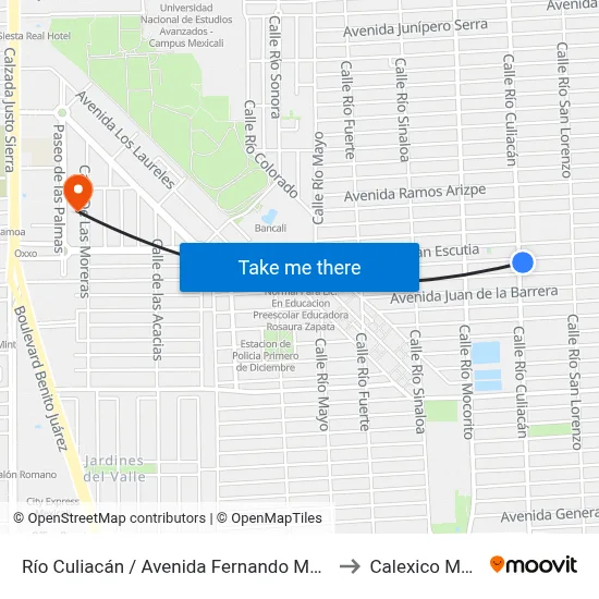 Río Culiacán / Avenida Fernando Montes De Oca to Calexico Mexicali map