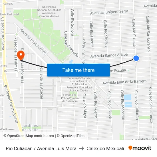 Río Culiacán / Avenida Luis Mora to Calexico Mexicali map