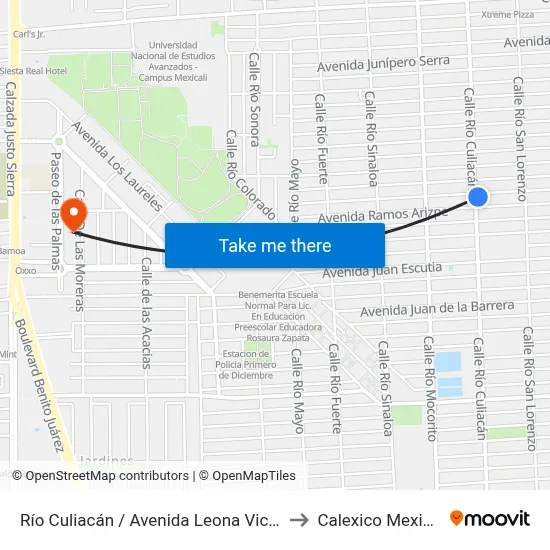 Río Culiacán / Avenida Leona Vicario to Calexico Mexicali map