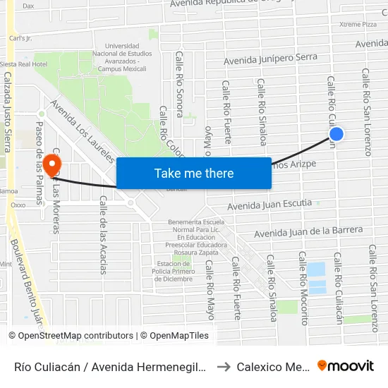 Río Culiacán / Avenida Hermenegildo Galeana to Calexico Mexicali map