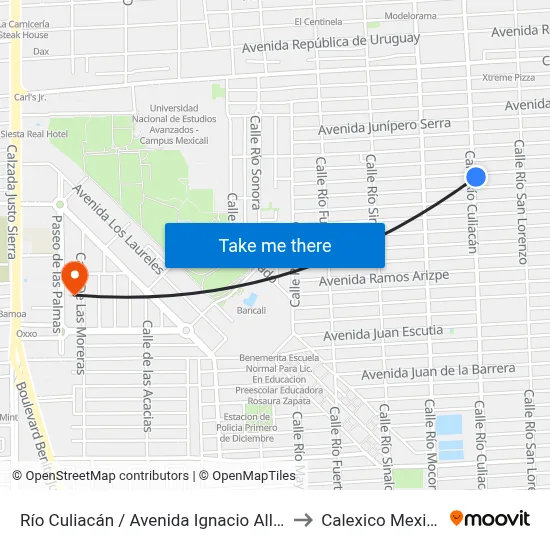 Río Culiacán / Avenida Ignacio Allende to Calexico Mexicali map