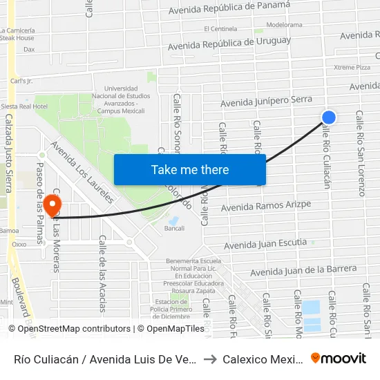 Río Culiacán / Avenida Luis De Velasco to Calexico Mexicali map
