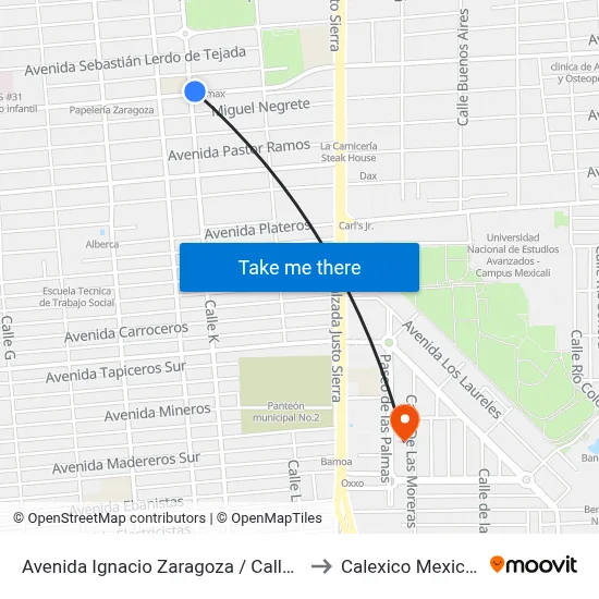 Avenida Ignacio Zaragoza / Calle K to Calexico Mexicali map