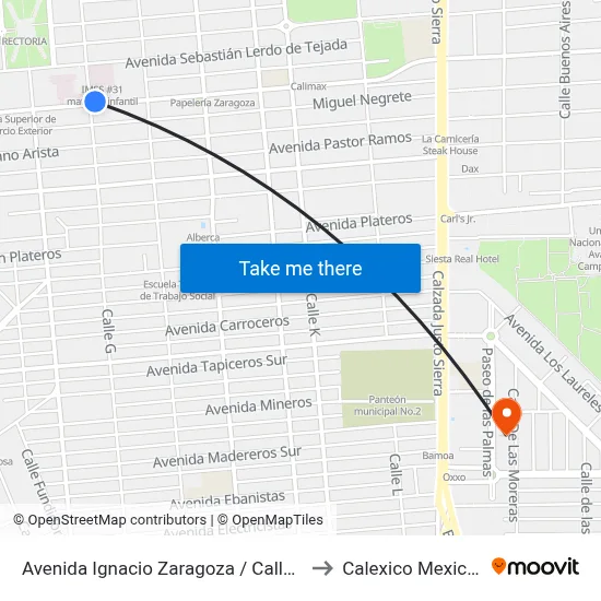 Avenida Ignacio Zaragoza / Calle G to Calexico Mexicali map