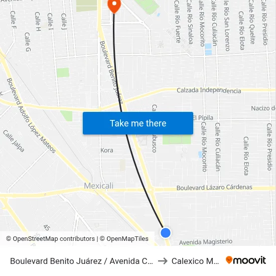 Boulevard Benito Juárez / Avenida Constituyentes to Calexico Mexicali map