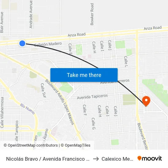 Nicolás Bravo / Avenida Francisco I. Madero to Calexico Mexicali map