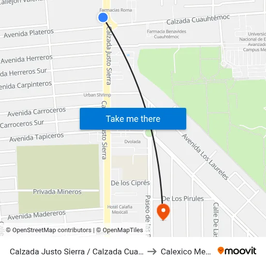 Calzada Justo Sierra / Calzada Cuauhtémoc to Calexico Mexicali map